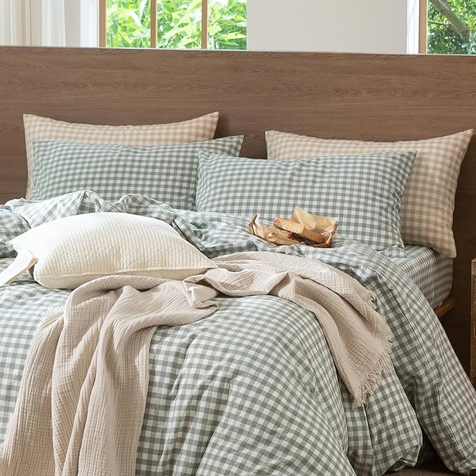 MooMee Bedding Pillowcases Gingham Pack of 2 100% Washed Cotton Linen Like Textured Breathable Durable Soft Comfy (Classic Gingham Sage Green, Standard)