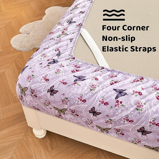 Softan Floral Twin Size Sheet Set, Purple Paisley Flower Printed Sheets for Kids Girls, Brushed Microfiber Fitted Sheet with 15" Deep Pocket & Non-Slip Straps, Butterfly Patterned Sheets