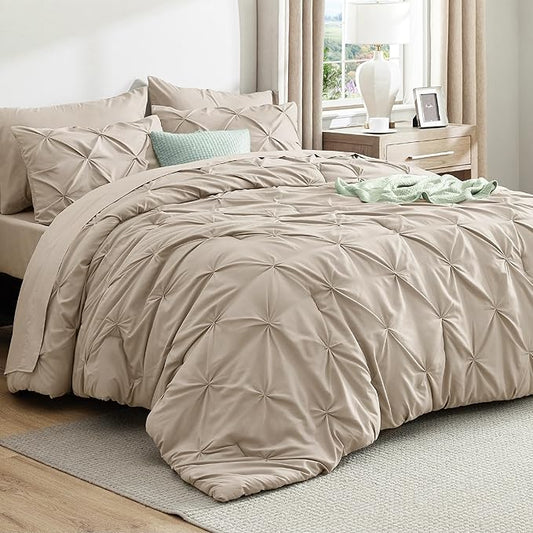 Bedsure Full Comforter Set Beige - Bed in a Bag Full Size Bedding Set 7 Pieces, GentleSoftโข Pintuck Bed Set Gift for Family, Pinch Pleat Beige Comforter with Sheets, Pillowcases & Shams