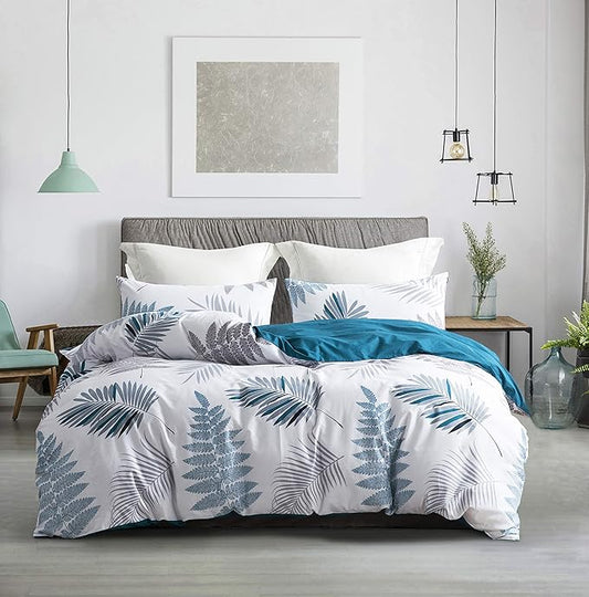 SLEEPBELLA Duvet Cover Twin, 600 Thread Count Cotton Leaf Botanical Pattern Print Reversible Comforter Cover Set (Twin, Teal Blue-Leaf)