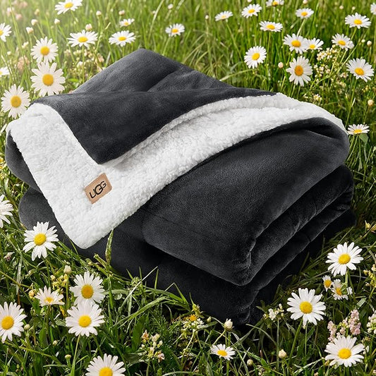 UGG Nita Throw Blanket for Bed, Soft Reversible Plush Throw for Couch and Living Room, Cozy Fluffy Blanket, Washable Bedding, Home Decor, 50-inch x 70-inch, Charcoal Grey