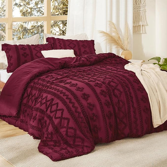 Bedsure Tufted Boho Comforter Set Twin Size - Burgundy Boho Bed Set, GentleSoft™ 2 Pieces Farmhouse Shabby Chic Embroidery Bedding, Gifts for Woman, Soft Jacquard Twin Comforter for All Seasons
