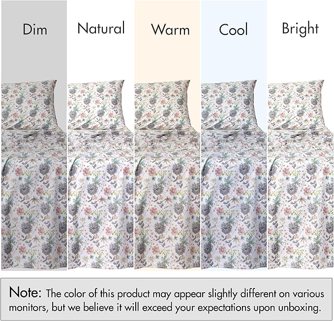 RUVANTI 100% Cotton Sheets – Queen Size Percale Bedding, Cooling & Breathable Floral Design, Durable with a Crisp, Soft & Comfortable Feel, 16" Deep Pocket, 4-Piece Set, Dandelion Field