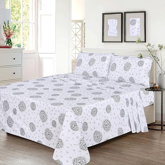 RUVANTI 100% Cotton Sheets – California King Percale Bedding, Cooling & Breathable Floral Design, Durable with a Crisp, Soft & Comfortable Feel, 14" Deep Pocket, 4-Piece Set, Dandelion