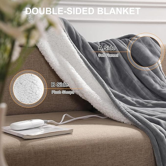 Heated Blanket Twin Electric Blanket 62X84in - Fast Heating Blanket for Adults Ultra Soft Flannel & Warm Sherpa with 5 Heat Levels & 10 Hrs Timer, Machine Washable, Office Use for Winter(Gray)