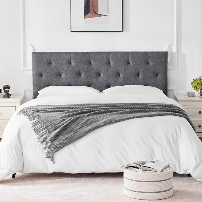 Linen Headboard Queen Size Only, Adjustable Height 37-51 in, Light Gray | Diamond Tufting Solid Wood Queen Headboards, Durable Metal Legs, Upholstered Queen Head Board for Bed Frame, Modern Fabric