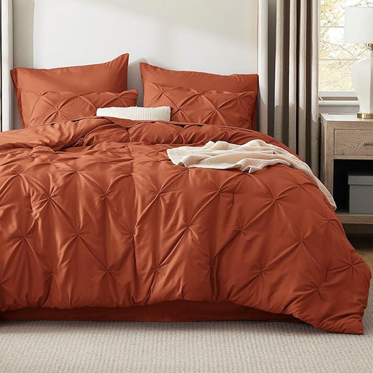 Bedsure Full Comforter Set Burnt Orange - Bed in a Bag Full Size Bedding Set 7 Pieces, GentleSoftโข Pintuck Bed Set Gift for Family, Pinch Pleat All Season Comforter with Sheets, Pillowcases & Shams