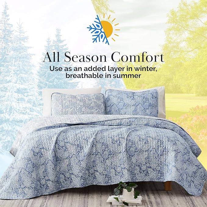 Southshore Fine Living, Inc. Extra Large King Size Quilts, Paisley Quilt, Blue and White Bedspread, 3-Piece Bohemian Bedding Set with Two Matching Shams, California/King, Reversible Blue