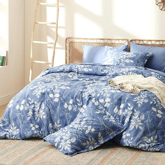 Bedsure Queen Comforter Set - 7 Pieces Floral Blue Soft Bedding Sets, Queen Bed in a Bag with Botanical Flowers Comforter, Sheets, Pillowcases & Shams