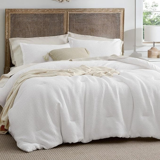 Bedsure Waffle Comforter Set California King, White Soft Bedding, Waffle Weave Bed Set, 3 Pieces, 1 Comforter (104"x96") and 2 Pillow Shams, Cotton Shell and Polyester Lining for All Seasons