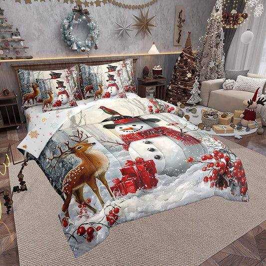 Castle Fairy Winter Snowman Comforter Set Queen Size 7 Pcs,Merry Christmas Theme Bedding Set for Girls Teens Bedroom Decor,Wild Breds Trees Deer Bed in a Bag with Comforter,Sheets and Pillow Cases