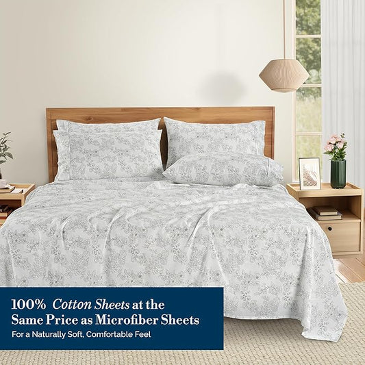 Casa Platino 100% Cotton Queen Sheet Set – 6 Piece Queen Sheet Set Queen with Crisp Cool & Soft Feel, with 15 Inch Deep Pocket Fitted Sheet, Breathable & Cozy for a Good Nights Sleep – Ashpetal