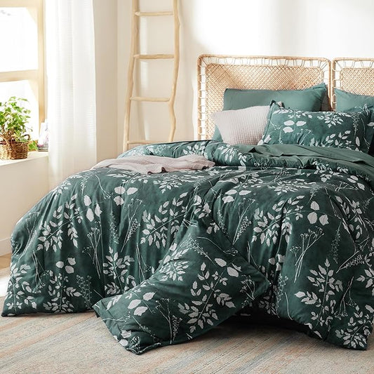 Bedsure Full Size Comforter Set - 7 Pieces Floral Forest Green Soft Bedding Sets, Full Bed in a Bag with Botanical Flowers Comforter, Sheets, Pillowcases & Shams
