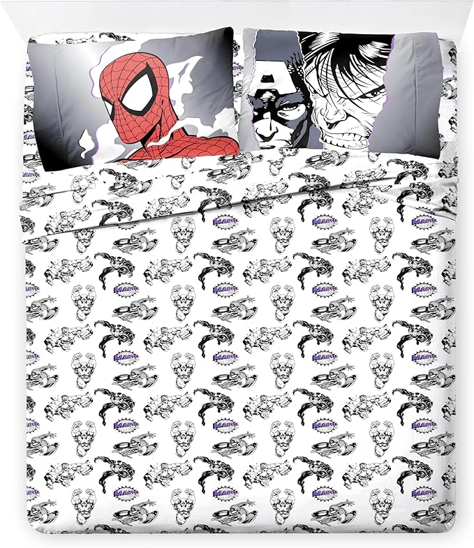 Jay Franco Kids Comforter Set Includes Sheets and Pillow Covers - Soft and Cozy Bed Set for Stylish Room Decor, Black - Marvel Comics, 7 Piece Full Size Bedding