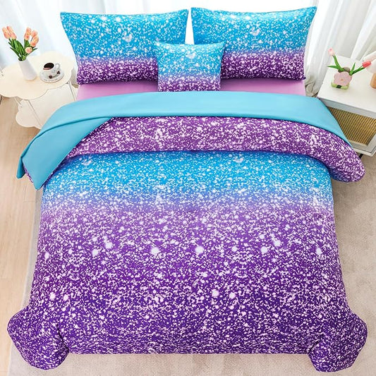 RYNGHIPY Blue Purple Girls Bedding Set 3D Colorful Galaxy Starry Comforter Sets for Girls Kids Full Lightweight Soft Rainbow Bed in A Bag