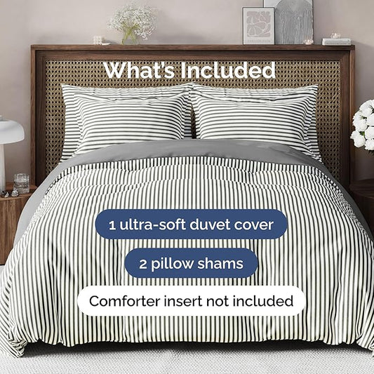 Duvet Cover Cal King Size Set - Extra Soft Cal King Duvet Cover 104" x 98" with 2 Pillow Shams - Hotel Luxury, Easy Care & Fade Free w/ Zipper Closures & Ties - Comfy, Cozy & Breathable (Grey Stripes)