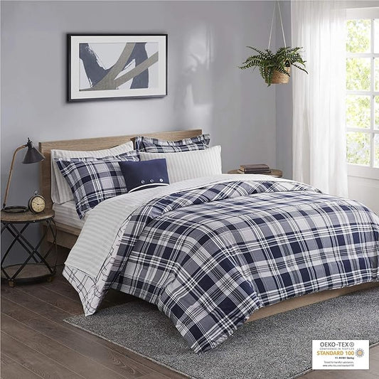 Madison Park Essentials Cozy Bed in A Bag - Reversible Comforter with Complete Sheet Set, Casual Plaid Cabin Design, All Season Cover, Decorative Pillow, Patrick Plaid Navy King(104"x92") 8 Piece