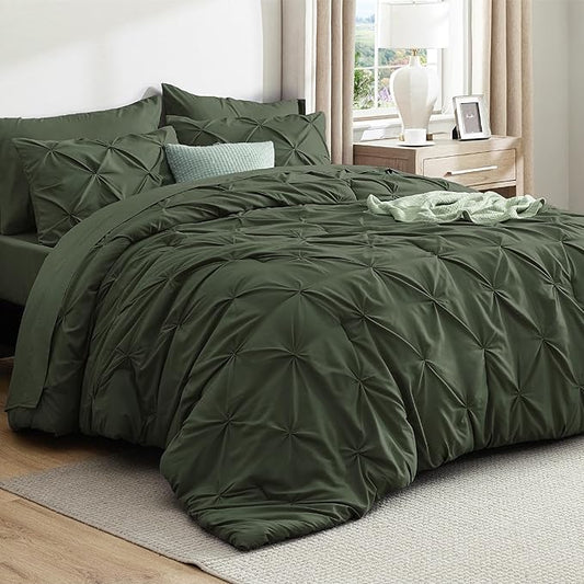 Bedsure Twin XL Comforter Set - Extra Long 5 Pieces Dorm Bedding Sets, GentleSoftโข Pinch Pleat Olive Green Bed in a Bag with Pintuck Comforter, Sheets, Pillowcase & Sham