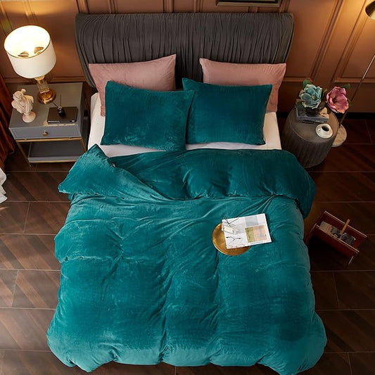 Ivellow Velvet Duvet Cover Set Queen Size 3 Pcs Peacock Blue Luxury Flannel Velour Duvet Cover Zipper Closure Corner Tie