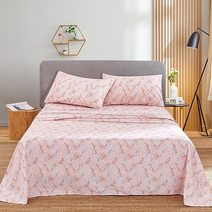 JSD Pink Paisley Floral Sheet Set Queen Size, 4 Piece Soft Printed Microfiber Sheets Extra Deep Pocket