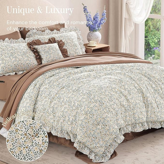 Full Comforter Set - 7 Pieces Ruffle Beige Ditzy Bedding Sets, Shabby Chic Farmhouse Bed in a Bag Full with Floral Comforter, Sheets, Pillowcases & Shams