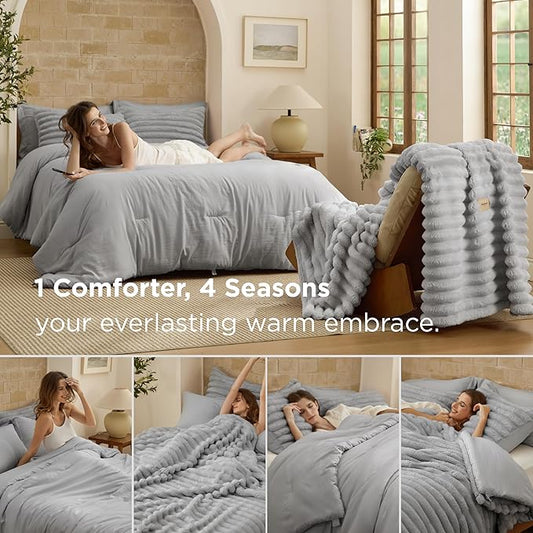 Bedsure Gentlesoft™ 2-in-1 King Size Comforter Set and Detachable Fluffy Blanket, Grey Bedding Set for All Season Use, SnapTech™ Design for Space Saving (Includes 2 Pillow Shams, 2 Pillowcases)
