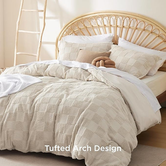 Bedsure Boho Kids Duvet Cover Queen Size(Duvet Insert/Comforter not Included - Checkered Duvet Cover Queenfor All Seasons,Soft Shabby Chic Boho Bedding (Beige, 90" x 90")