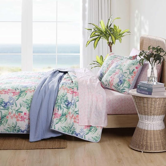 Tommy Bahama - King Quilt Set, Reversible Cotton Coastal Bedding with Matching Shams, Colorful Botanical Bedding Set (Island Orchid Pink/Blue)