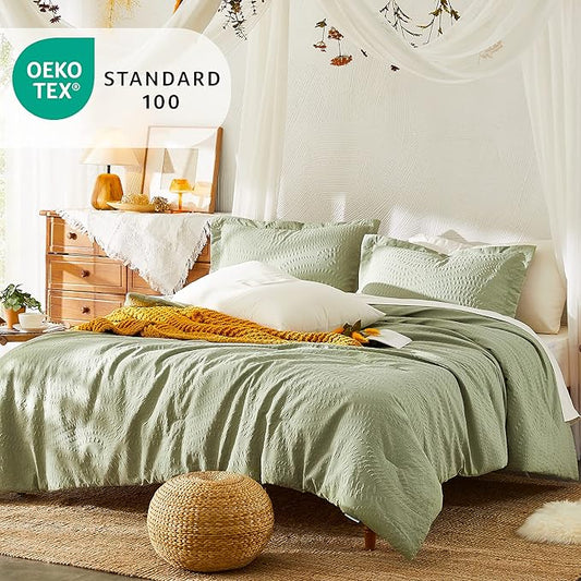 Geniospin King Comforter Set - 7 Pieces Textured Sage Green Bedding Sets, Shabby Chic Comforter Set, All Season Comfortable Bed in a Bag with Comforter, Sheets, Pillowcases & Shams