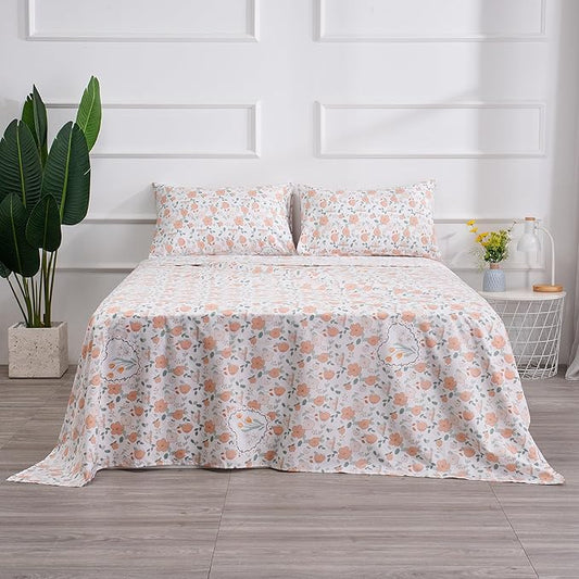 Floral Printed Twin Size Sheet Set - Silky Soft Microfiber, Wrinkle Free, and Luxurious Bed Sheets - Includes Flat Sheet, Fitted Sheet and Pillowcases - Orange, Full Size