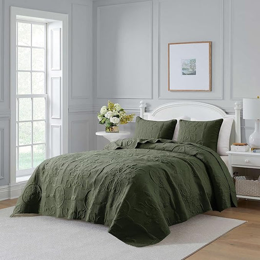 Damask Quilt Twin Size Bedding Sets with 1 Pillow Sham, Boho Bedspread Lightweight Soft Farmhouse Vintage Bohemian Coverlet Retro Jacquard Pattern Bed Cover for All Season, 2 Pieces, Moss Green