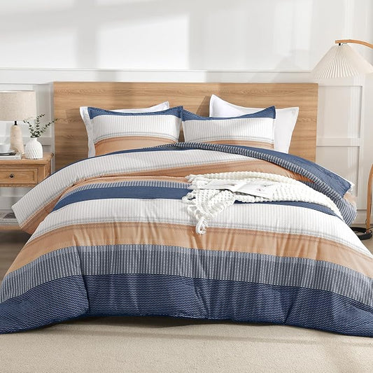 Litanika Comforter Set - Lightweight Quilt Bedding Comforter Sets, Colorblock Stripe Fluffy Bed Set, All Season Down Alternative, Full Orange Blue