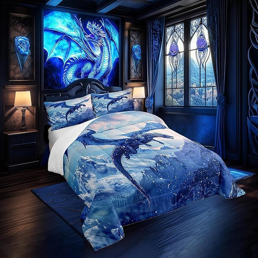 Castle Fairy Blue Dragon King Size Comforter Set,Kids Snow Mountain Decor All Season Bedding Set,Teens Flying Dragon Comforter,Winter Snow Scenery Decor Quilt Set Bedroom Collection 3Pcs