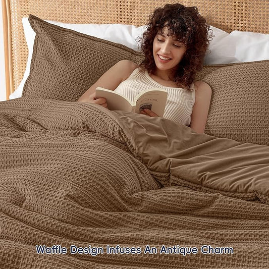 PHF Soft Waffle Comforter Set King Size- Comfy Breathable Waffle Weave Comforter with 2 Pillow Shams, 3 Pieces Less Snagging Lightweight Textured Bedding Set for All Season, Mocha