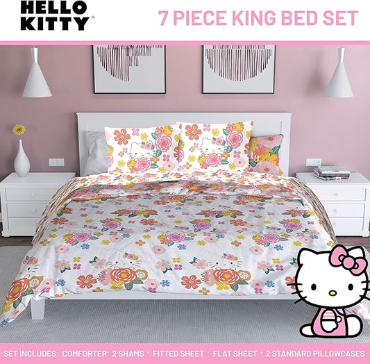 Jay Franco Hello Kitty King Size Comforter Set - 7 Piece Bedding Includes Sheet Set & Pillow Covers - Super Soft Floral Bedding