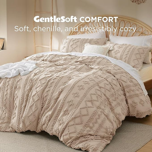 Bedsure Boho Duvet Cover Queen Size, Soft & Comfortable Elegant Design Boho Bedding for Decoration, Machine Washable Comforter Cover for All Seasons,Includes 1 Duvet Cover & 2 Pillow Shams,Khaki
