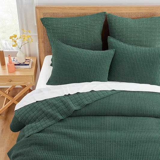 Levtex Home Mills Waffle Full/Queen Quilt Set (88x92in) with 2 Pillow Shams (26x20in) - Forest Green - 100% Cotton Full/Queen Size Quilt Bedding Set - Lightweight, Soft, Pre-Washed