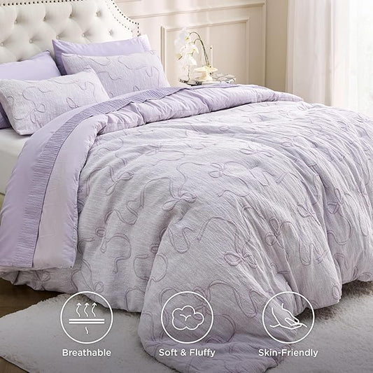 Bedsure Lavender Comforter Set Queen, GentleSoftโข 3 Pieces Breathable Bow Comforter Set Women Girls with 2 Pillow Shams, Cute Queen Bedding Sets Room Decor Aesthetic Bedroom Decor, 90x90 Inches