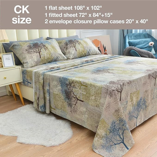 JSD Rustic Print Sheet Set Cal King, 4 Piece Tree Pattern Soft Microfiber Bedding Sheets Extra Deep Pocket