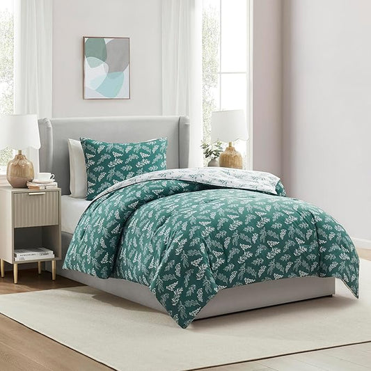 Nestl Twin/Twin XL Comforter Set - Green Bed in a Bag Twin, 2 Pieces Reversible Bed Set, Soft Floral Bedding Set for College Dorm, All Season Botanical Comforters with Pillow Sham