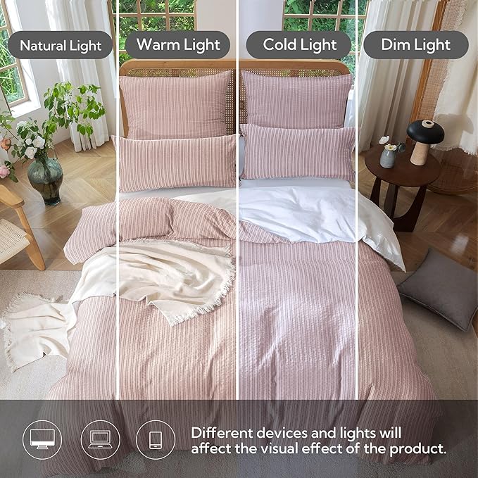 MILDLY Jacquard Stripe Duvet Cover - 100% Washed Cotton Pale Mauve Boho Textured Comforter Cover Set with Zipper Closure 68"x90"