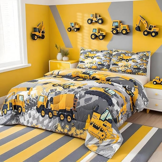 Feelyou Boys Construction Bedding Set Full Size Comforter for Kids Tractor Trucks Comforter Set Toddler Room Decor Car Bed Cartoon Excavator Quilted with 2 Pillow Cases