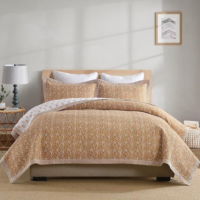 SahSahCasa Quilt Set King Size, 100% Cotton Quilt Bedding Set Bedspread, Botanical Pattern Solid Color Chic Lightweight Quilted Comforter for King Bed, White/Caramel, All Season, 3pcs