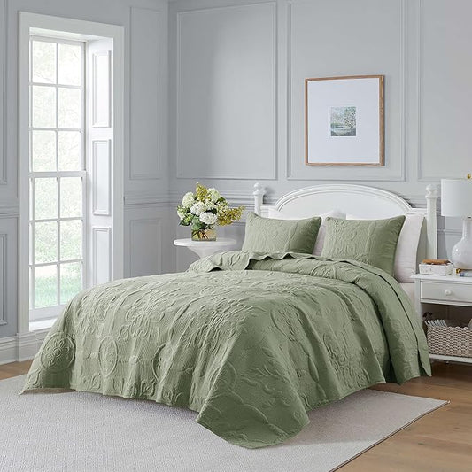 B2EVER Green Damask Quilt Queen Size Bedding Sets with 2 Pillow Shams, Boho Bedspread Lightweight Soft Farmhouse Vintage Bohemian Coverlet Retro Jacquard Pattern Bed Cover for All Season, 3 Pieces
