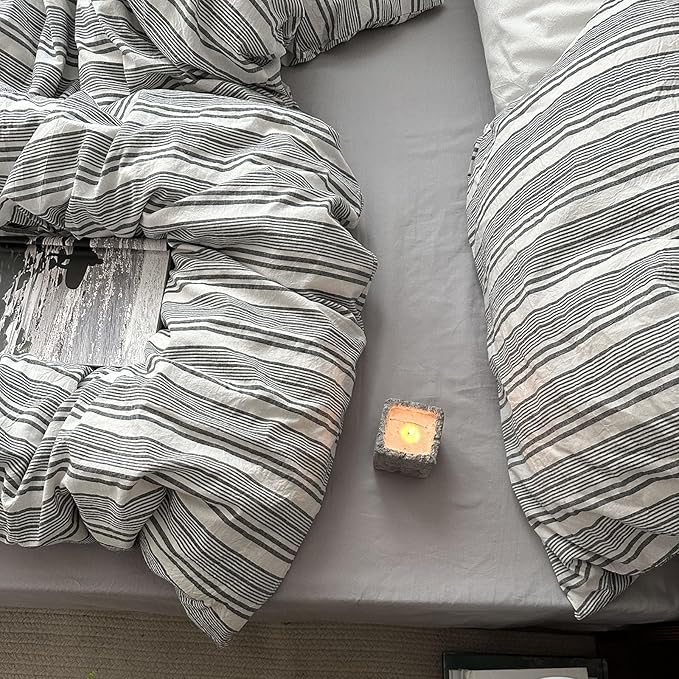 mixinni Vintage Gray & White Striped Duvet Cover Set - 3 Piece 100% Washed Cotton King Size Bedding | Minimalist Gender-Neutral Design | Ultra-Soft Breathable, with Zipper Closure & Corner Ties