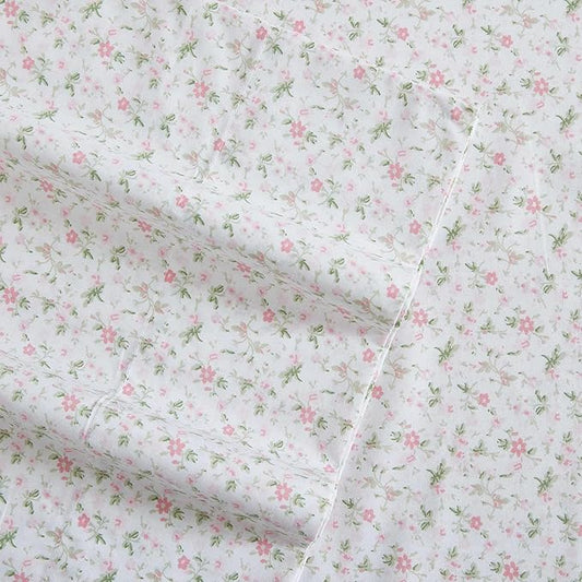 Laura Ashley - King Sheets, Cotton Percale Bedding Set, Lightweight & Breathable Home Decor (Evie Pink, King)