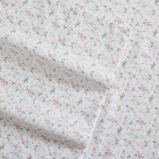 Laura Ashley - Queen Sheets, Cotton Percale Bedding Set, Lightweight & Breathable Home Decor (Evie Pink, Queen)