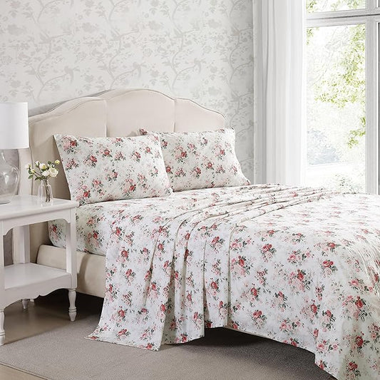 Laura Ashley - King Sheets, Cotton Percale Bedding Set, Lightweight & Breathable Home Decor (Ashfield Pink, King)