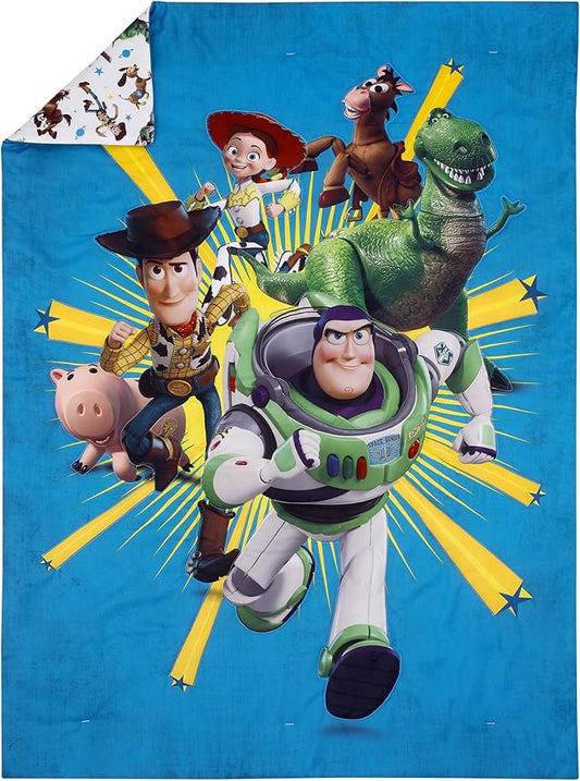NoJo Disney Toy Story Taking Action Blue, Green and Yellow 4 Piece Toddler Bed Set - Comforter, Fitted Bottom Sheet, Flat Top Sheet, and Reversible Pillowcase