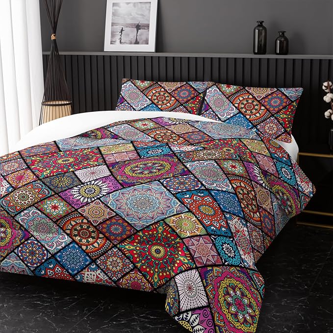Colorful Bohemian Comforter Sets Full Size,Retro Grid Bedding Set for Your Room,Abstract Soft Lightweight Quilted Set All Season,1 Comforter and 2 Pillowcases